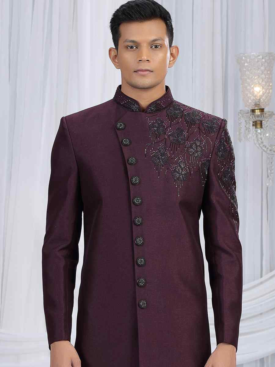 Wine Art Silk Embroidered Festival Wedding Mens Sherwani