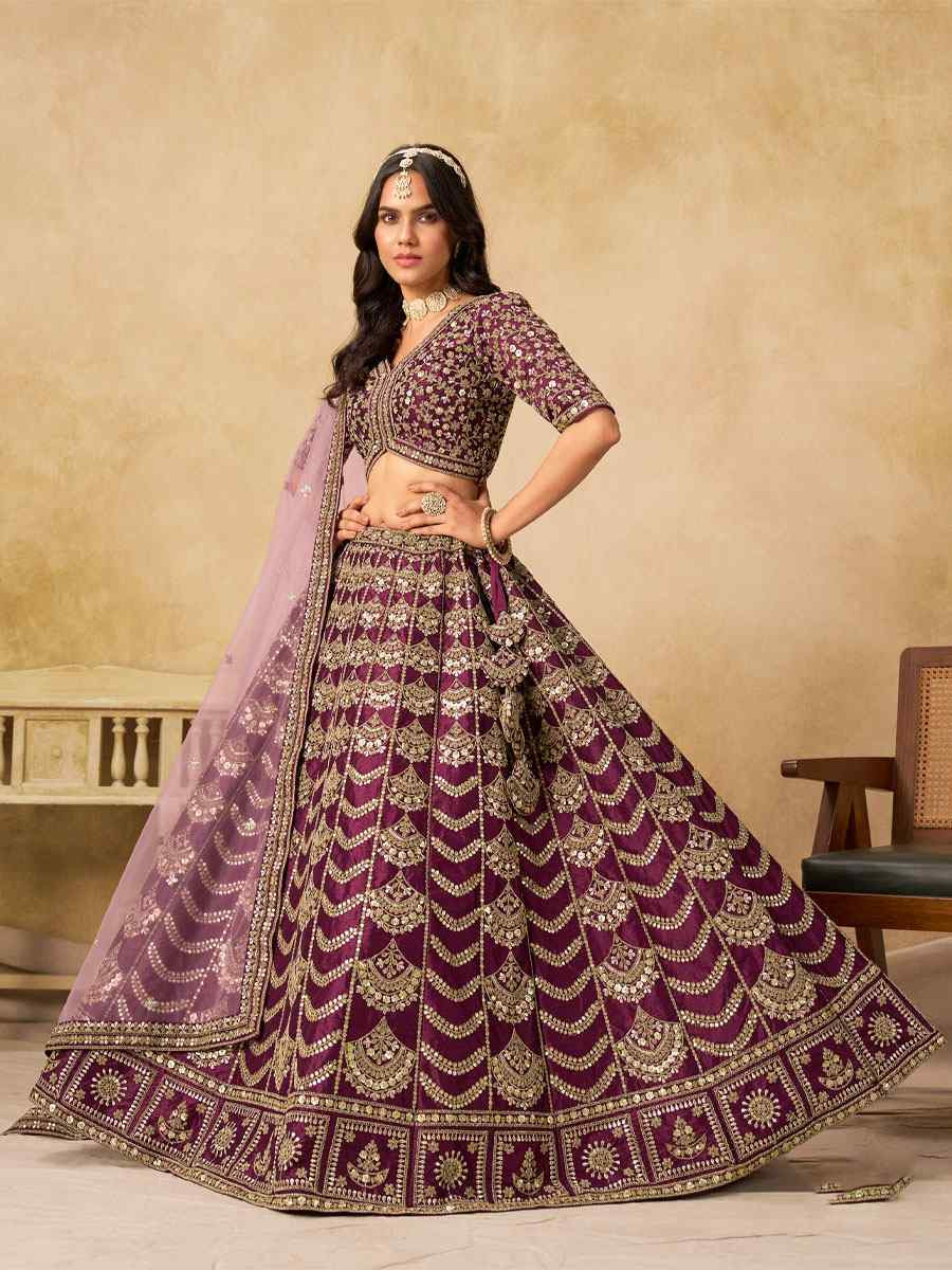 Wine Art Silk Embroidered Wedding Reception Festival Heavy Border Lehenga Choli