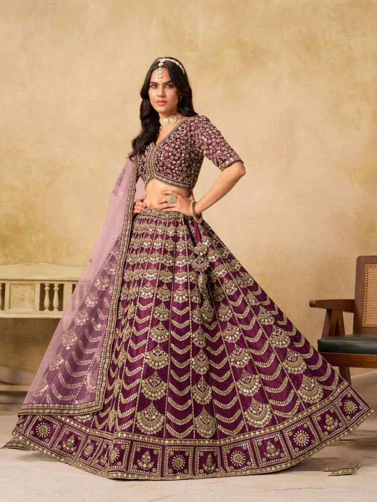 Image of Wine Art Silk Embroidered Wedding Reception Festival Heavy Border Lehenga Choli