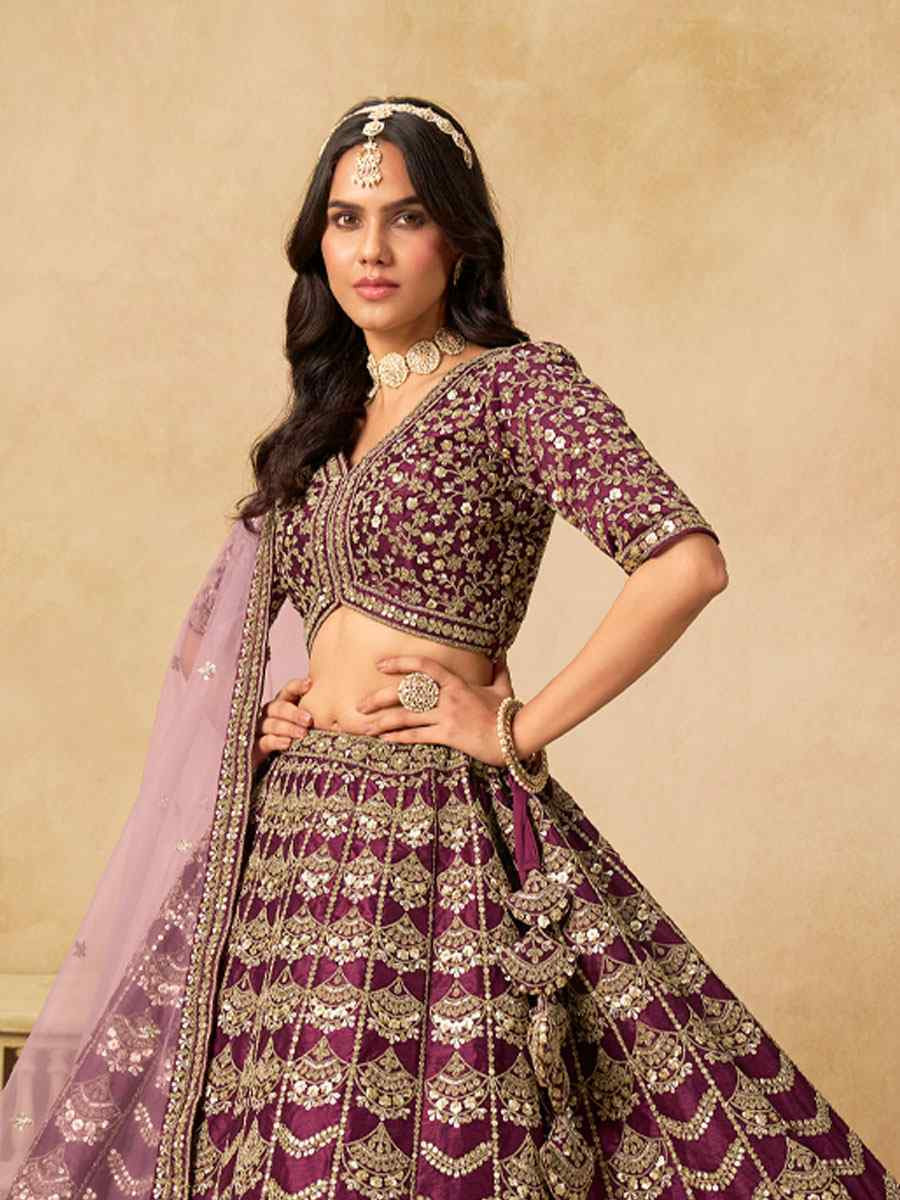 Wine Art Silk Embroidered Wedding Reception Festival Heavy Border Lehenga Choli
