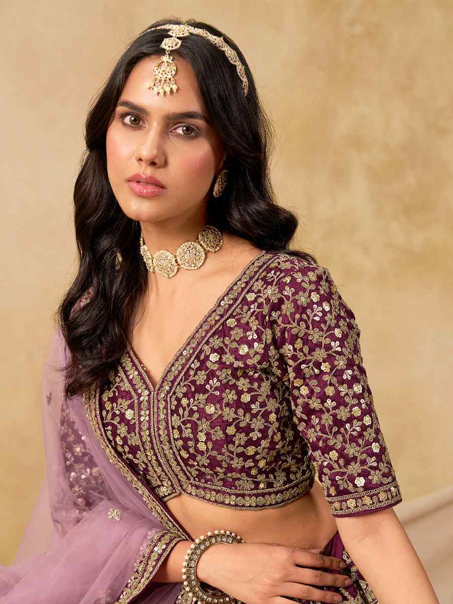 Wine Art Silk Embroidered Wedding Reception Festival Heavy Border Lehenga Choli