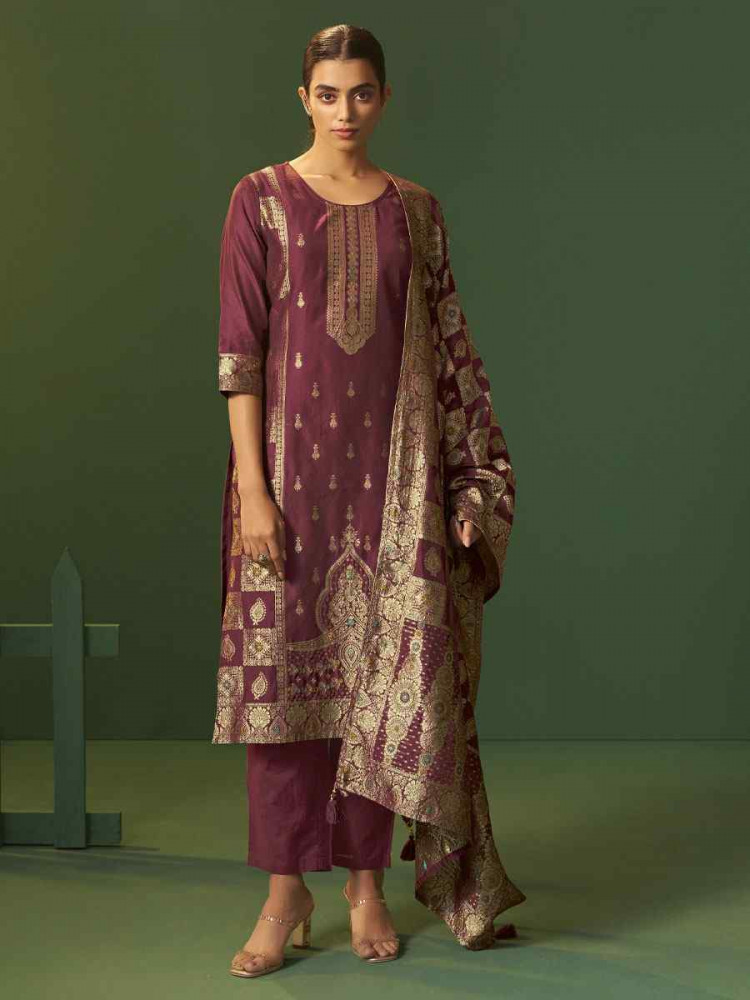 Image of Wine Art Silk Embroidery Party Wedding Festival Casual Ready Pant Salwar Kameez