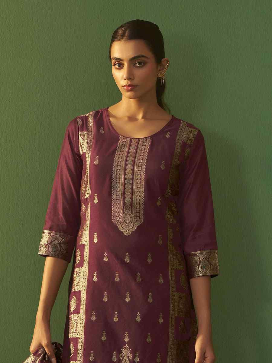 Wine Art Silk Embroidery Party Wedding Festival Casual Ready Pant Salwar Kameez