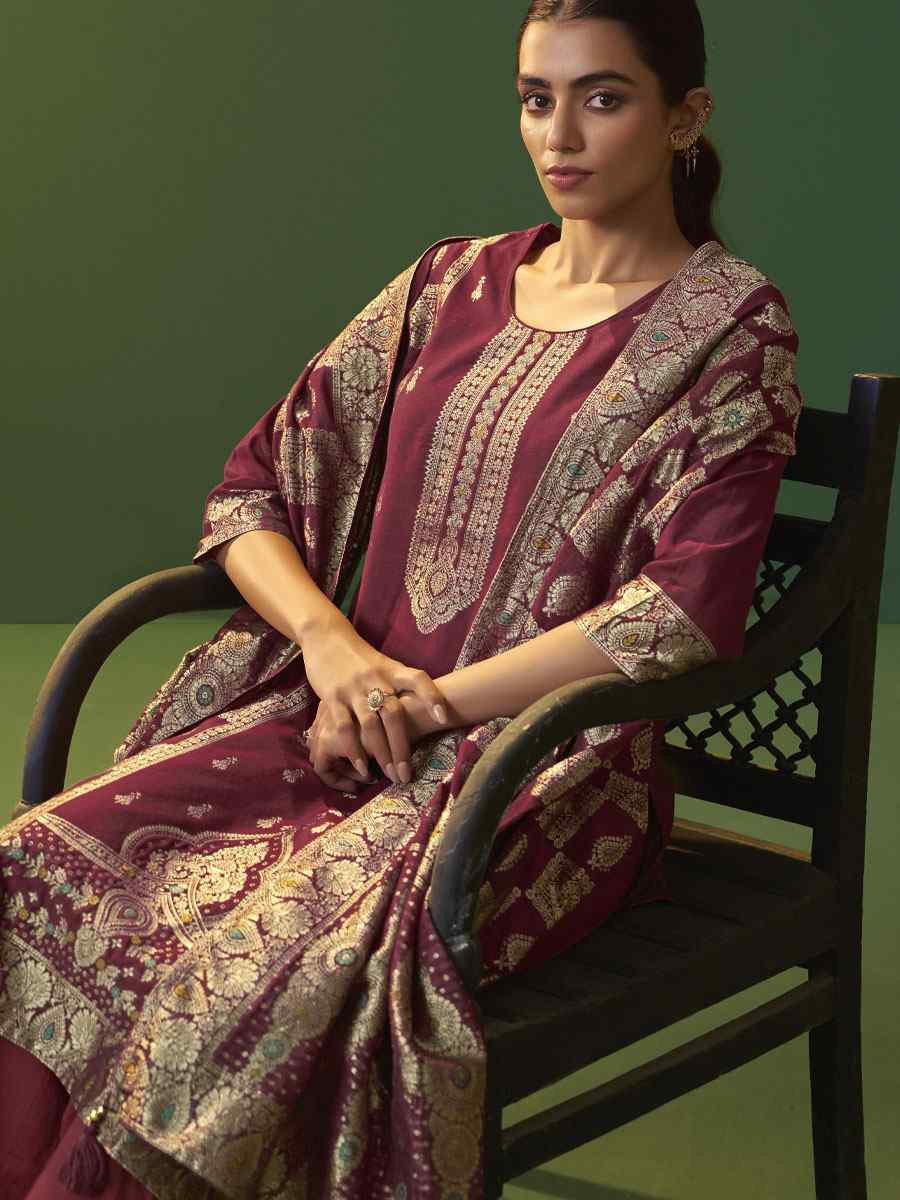 Wine Art Silk Embroidery Party Wedding Festival Casual Ready Pant Salwar Kameez