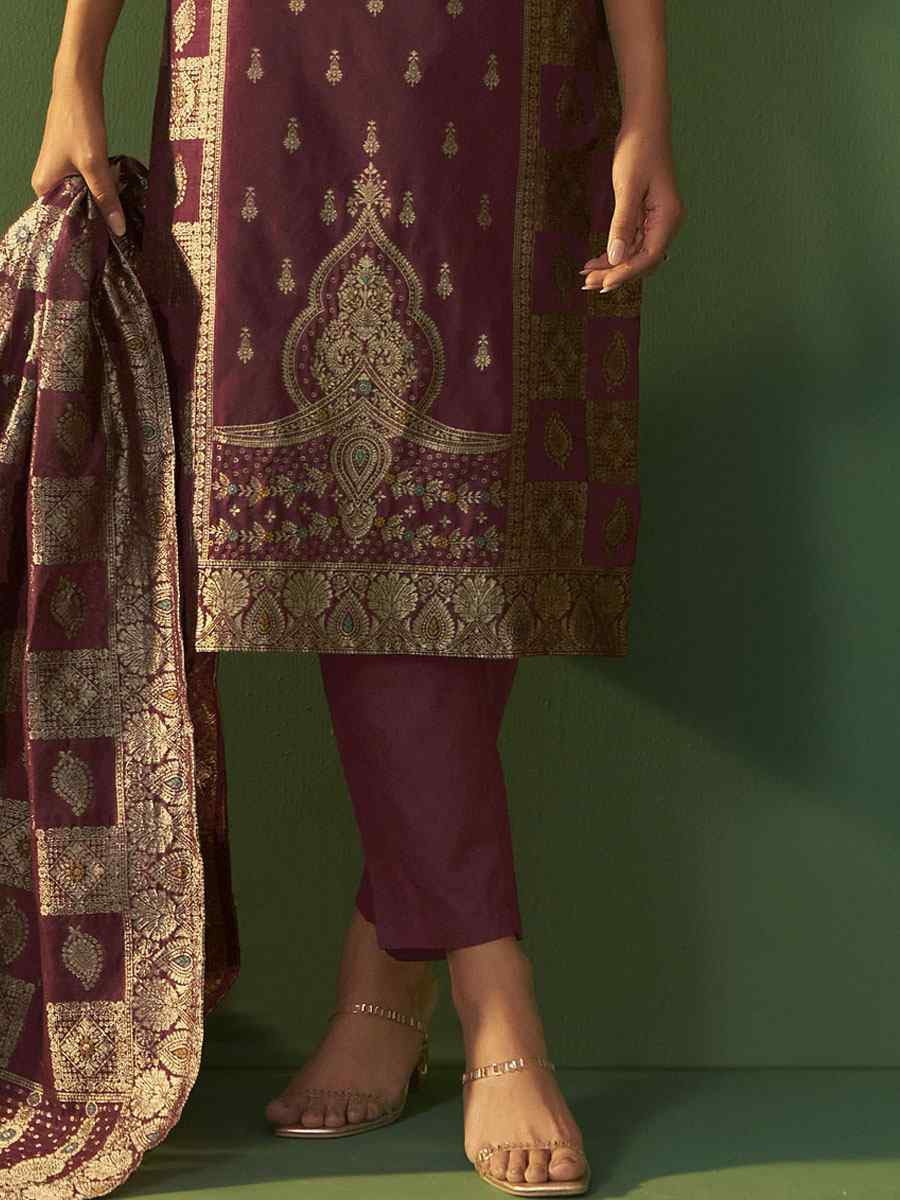 Wine Art Silk Embroidery Party Wedding Festival Casual Ready Pant Salwar Kameez