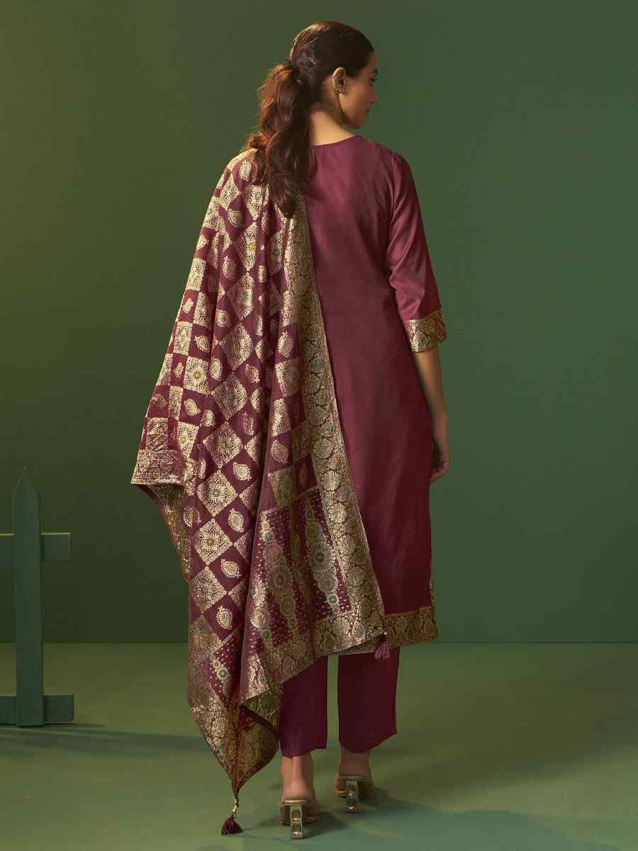 Wine Art Silk Embroidery Party Wedding Festival Casual Ready Pant Salwar Kameez