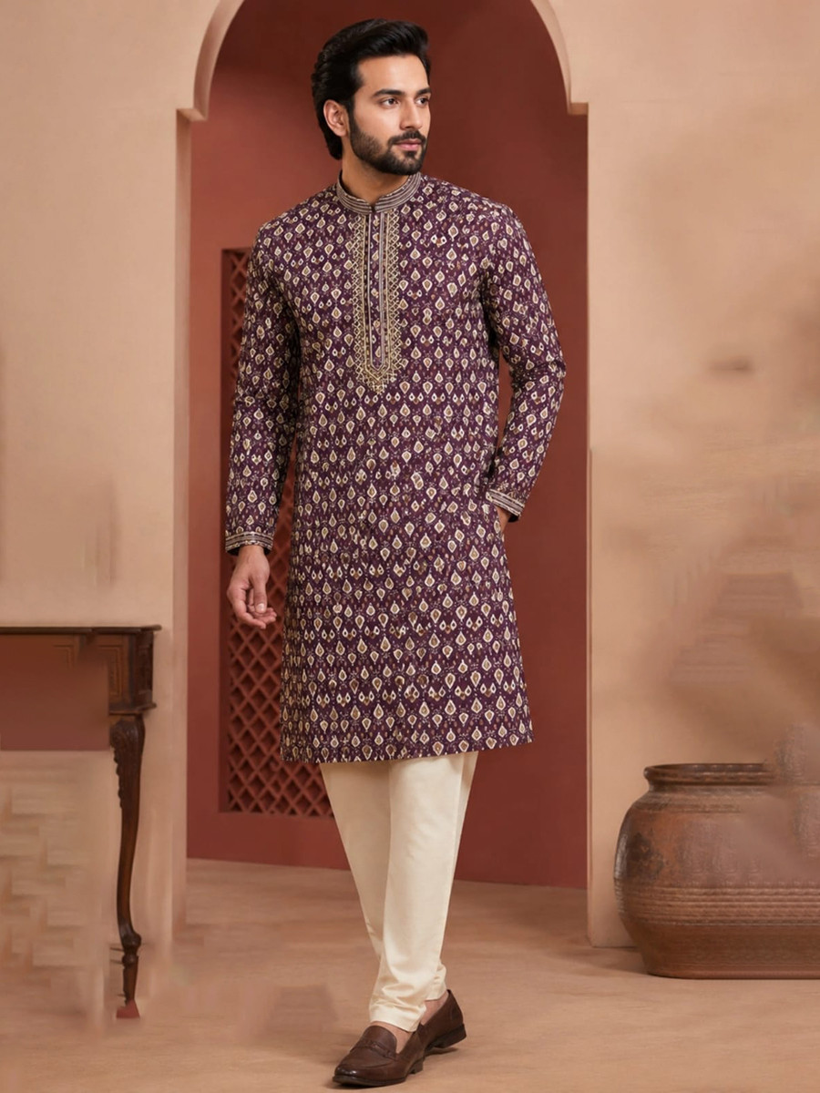 Wine Art Silk Embroidery Printed Wedding Party Festival Casual Mens Wear Kurta