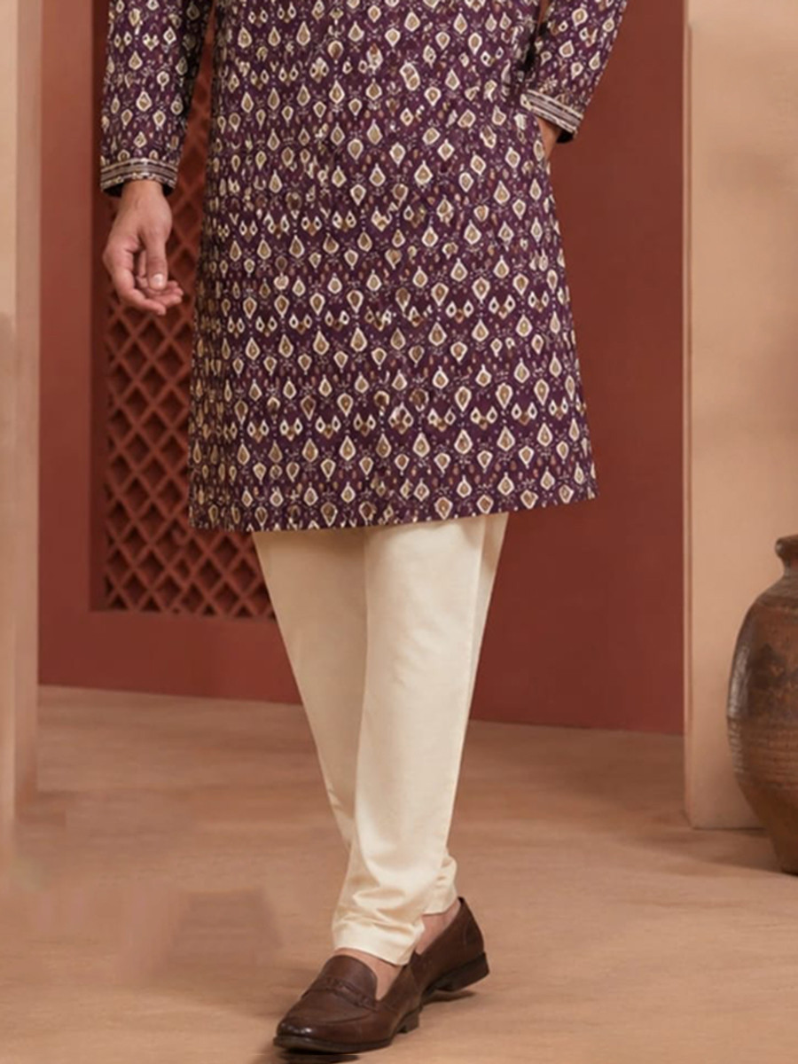 Wine Art Silk Embroidery Printed Wedding Party Festival Casual Mens Wear Kurta