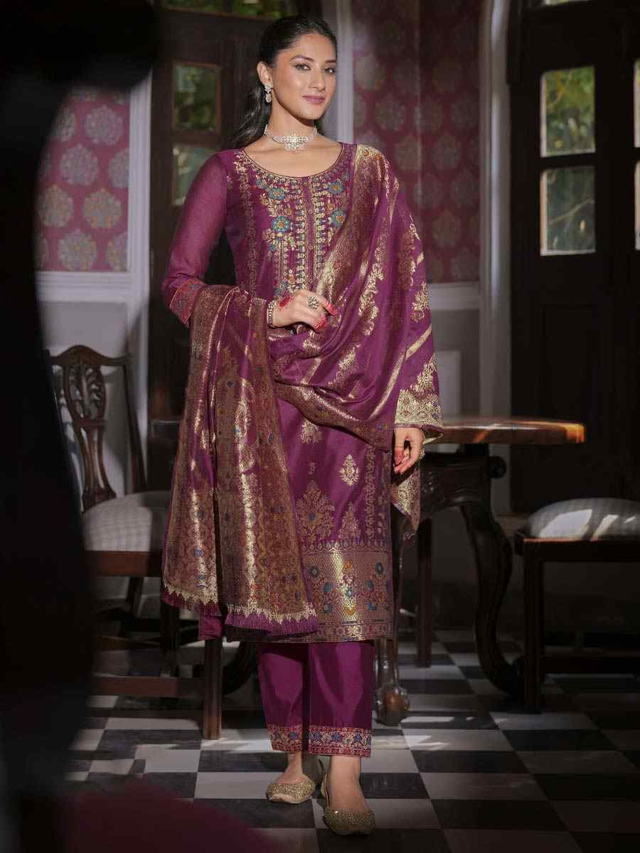 Wine Banarasi Jacquard Silk Embroidered Festival Mehendi Ready Pant Salwar Kameez