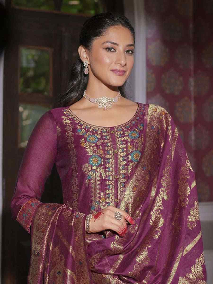 Wine Banarasi Jacquard Silk Embroidered Festival Mehendi Ready Pant Salwar Kameez