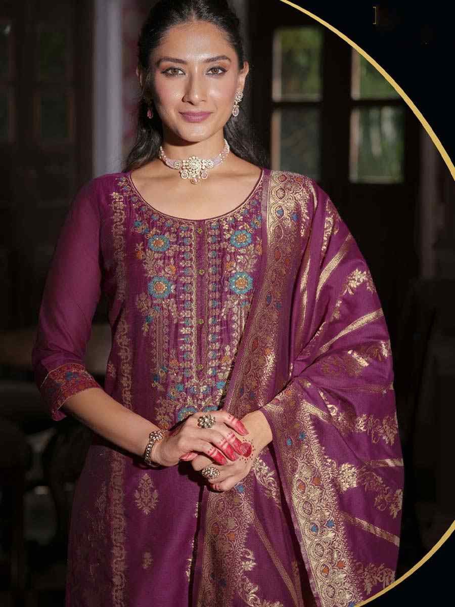 Wine Banarasi Jacquard Silk Embroidered Festival Mehendi Ready Pant Salwar Kameez