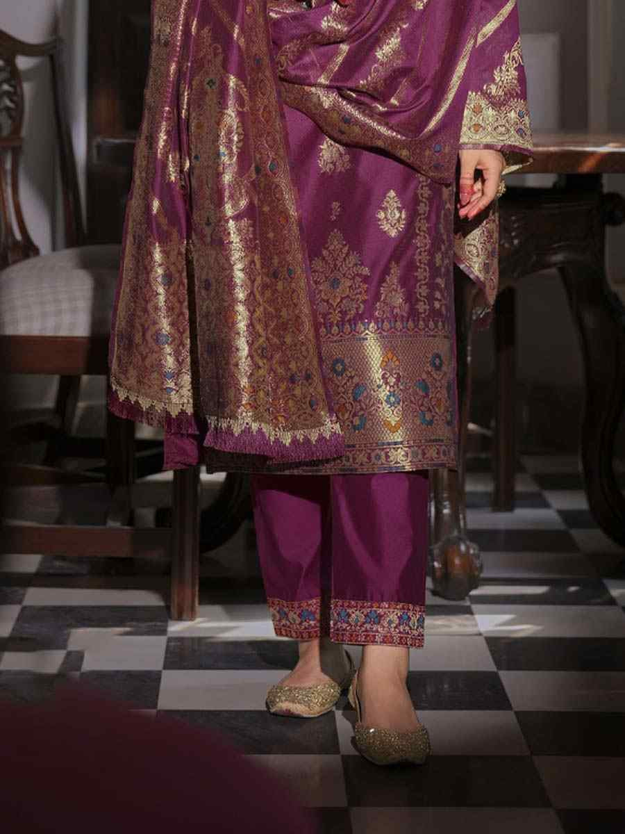 Wine Banarasi Jacquard Silk Embroidered Festival Mehendi Ready Pant Salwar Kameez