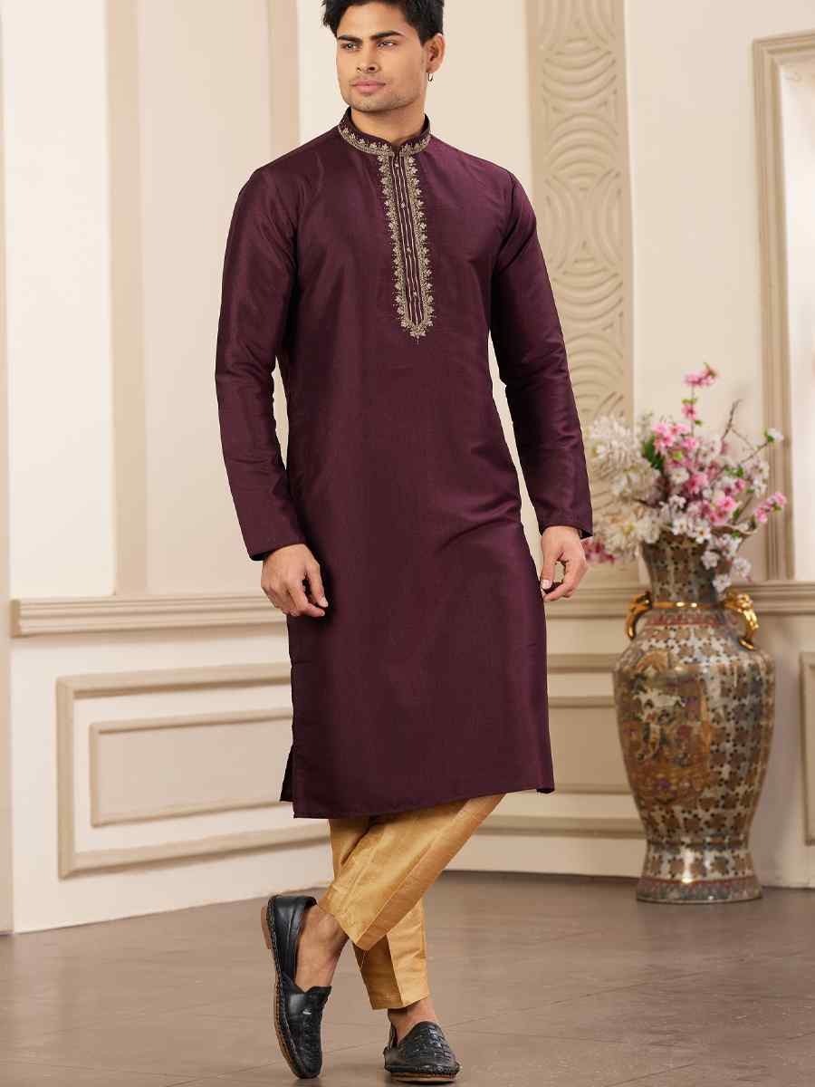 Wine Banarasi Silk Embroidered Festival Party Kurta