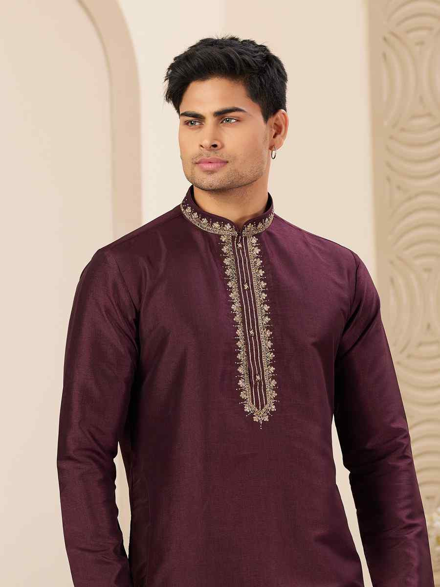 Wine Banarasi Silk Embroidered Festival Party Kurta