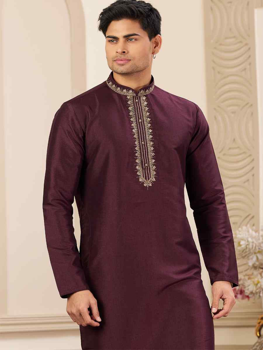 Wine Banarasi Silk Embroidered Festival Party Kurta