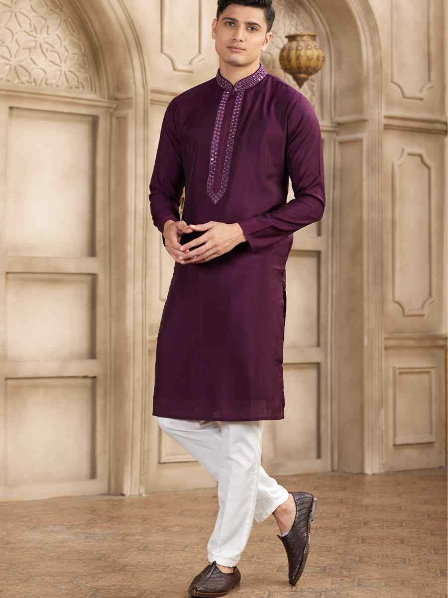 Wine Banarasi Silk Embroidered Festival Party Kurta