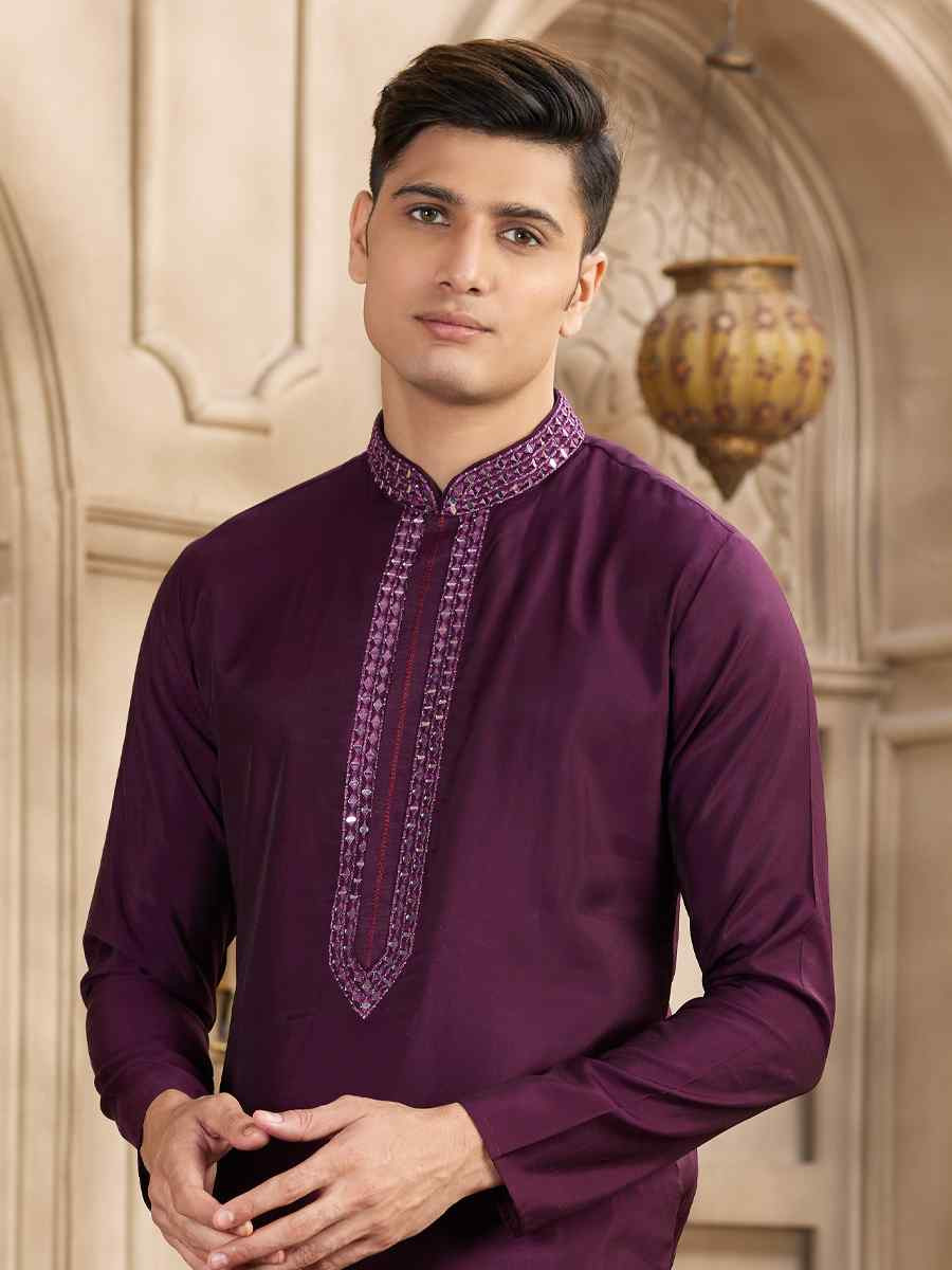 Wine Banarasi Silk Embroidered Festival Party Kurta