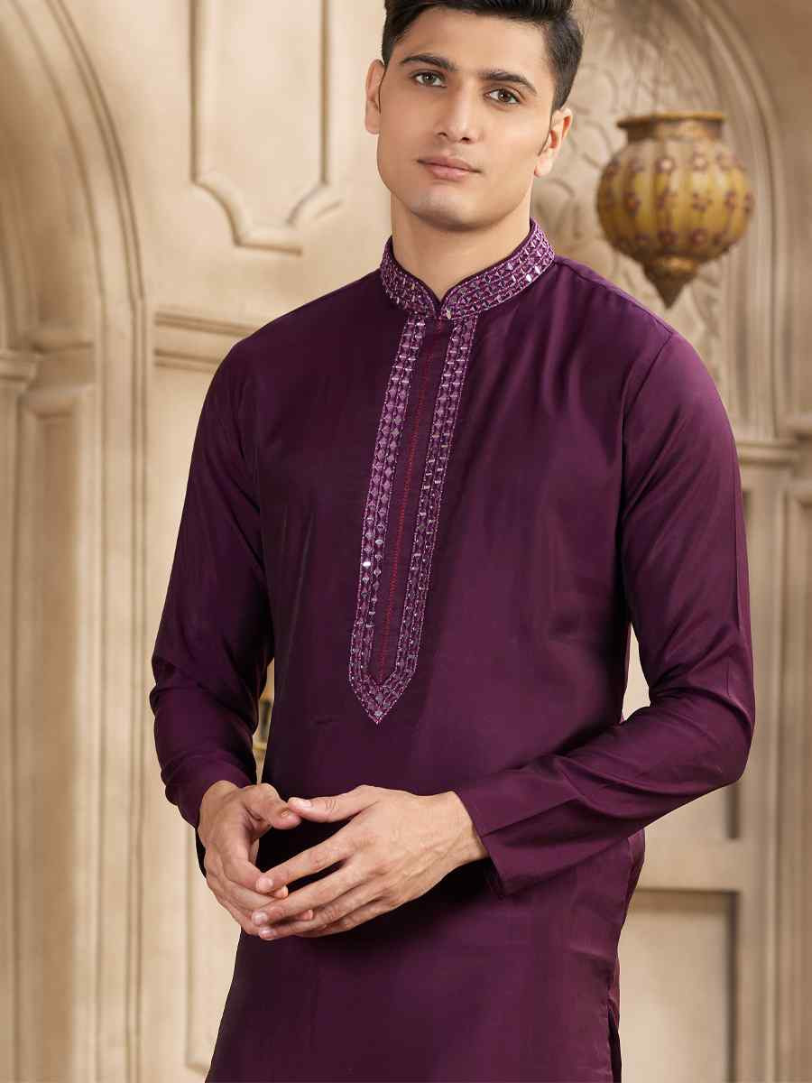 Wine Banarasi Silk Embroidered Festival Party Kurta