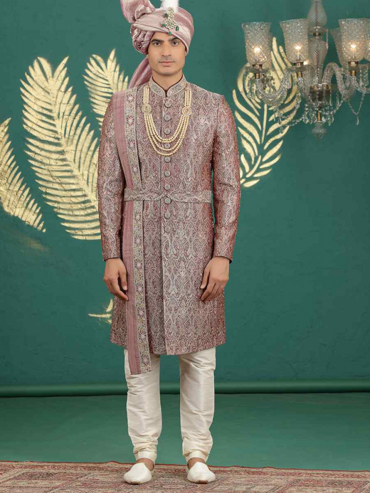 Image of Wine Banarasi Silk Embroidered Festival Wedding Mens Sherwani