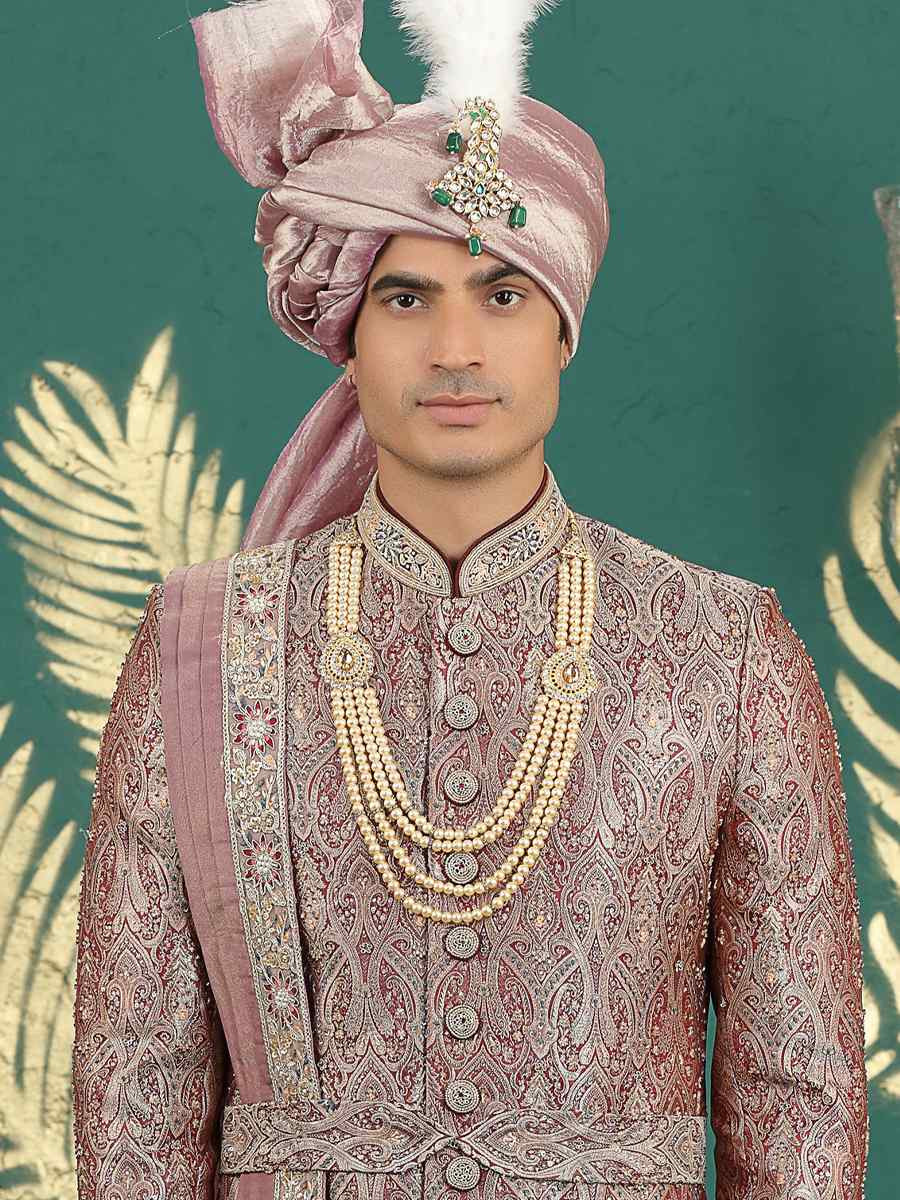 Wine Banarasi Silk Embroidered Festival Wedding Mens Sherwani