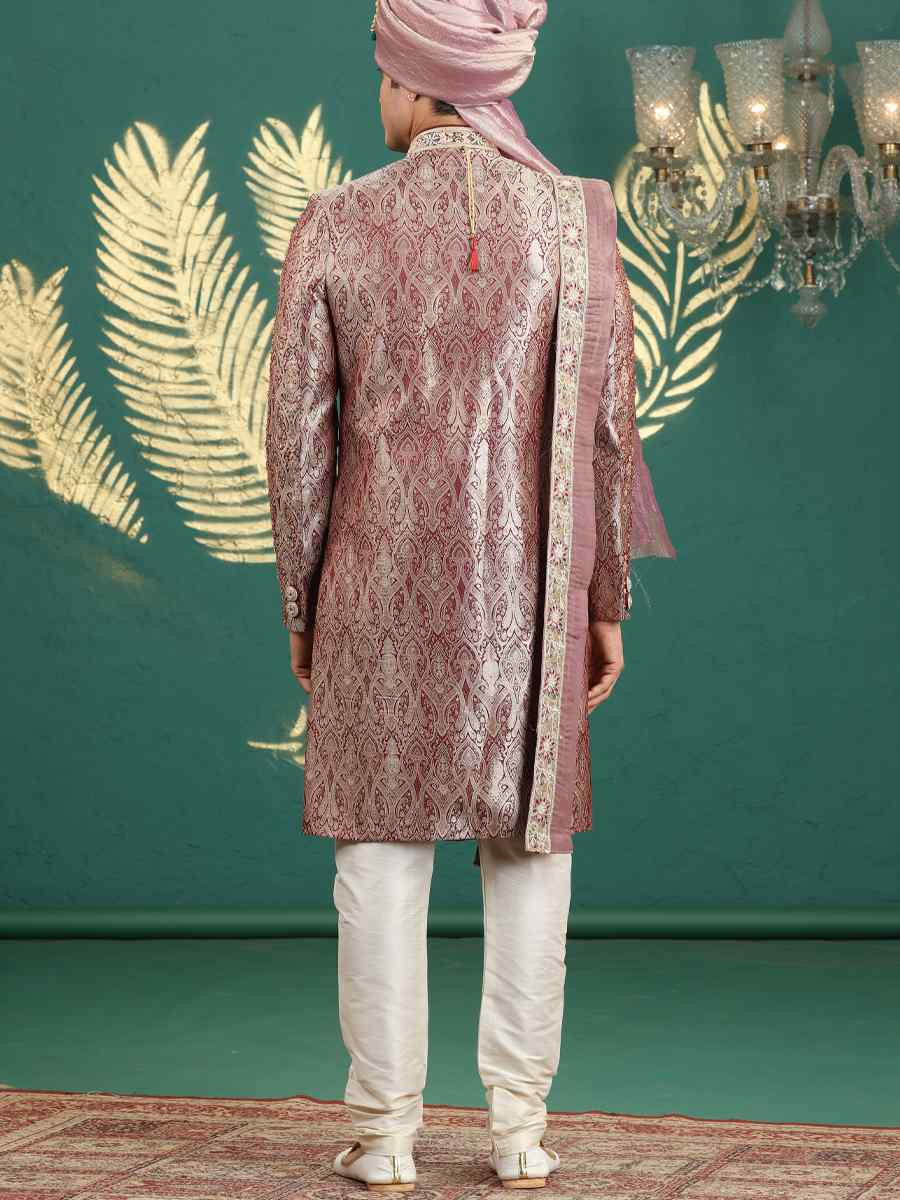 Wine Banarasi Silk Embroidered Festival Wedding Mens Sherwani