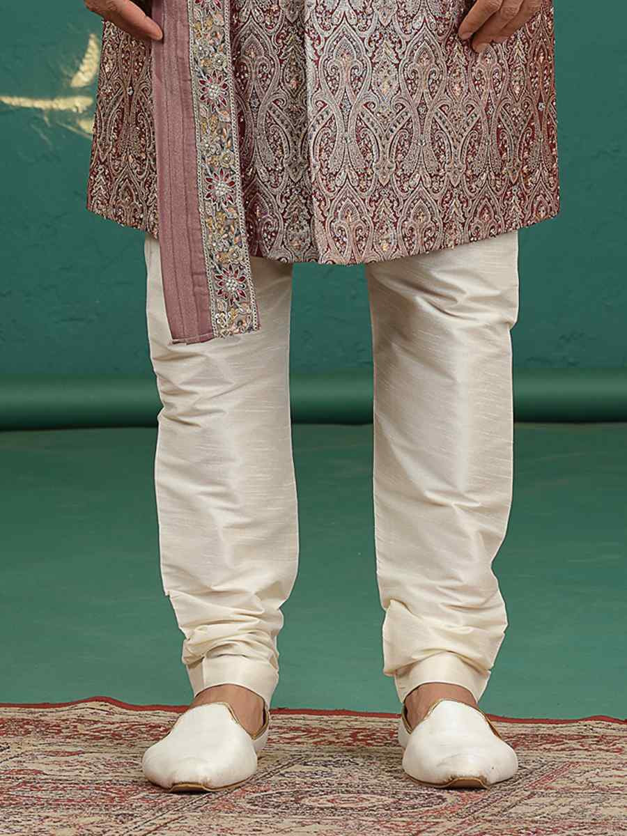 Wine Banarasi Silk Embroidered Festival Wedding Mens Sherwani