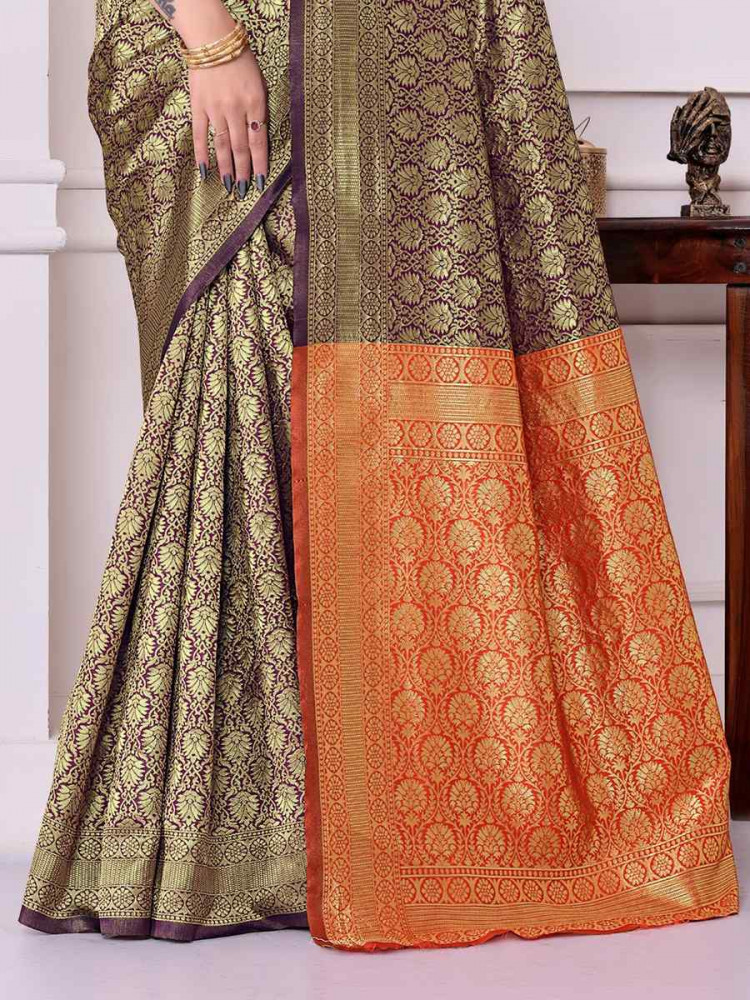 Wine Banarasi Silk Handwoven Festival Wedding Fancy Heavy Border Saree