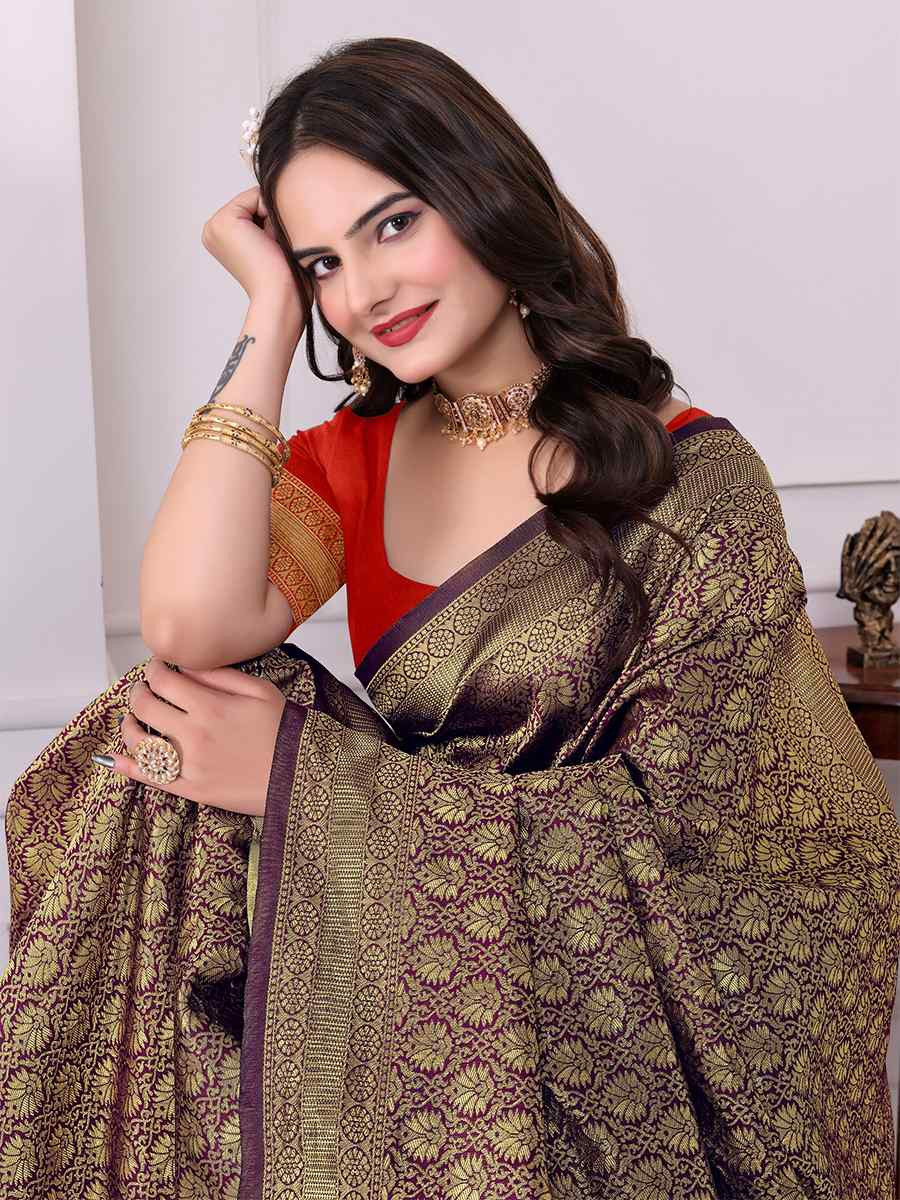 Wine Banarasi Silk Handwoven Festival Wedding Fancy Heavy Border Saree