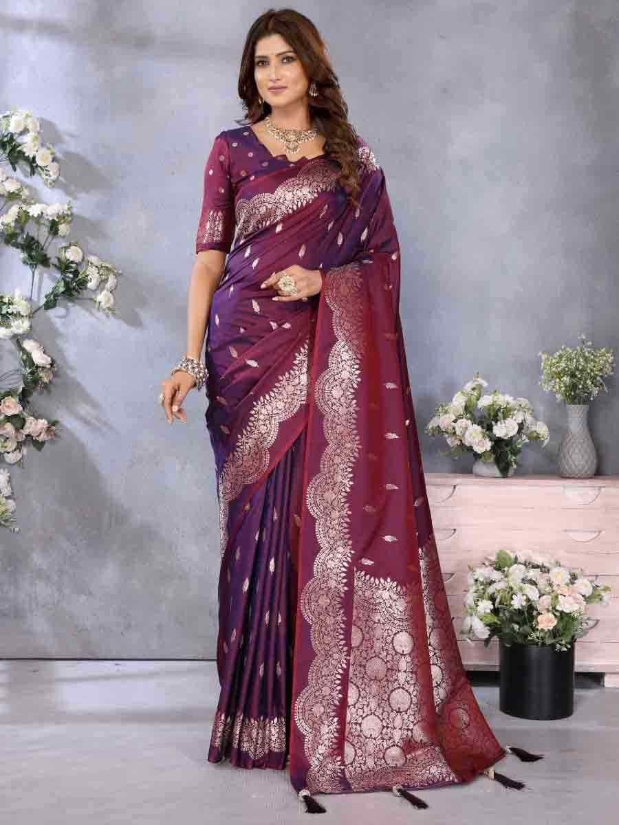 Wine Banarasi Silk Handwoven Festival Wedding Fancy Heavy Border Saree