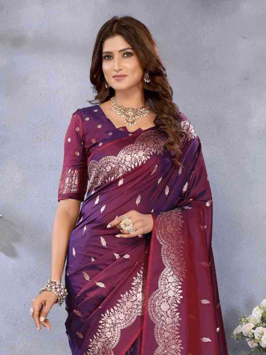 Wine Banarasi Silk Handwoven Festival Wedding Fancy Heavy Border Saree