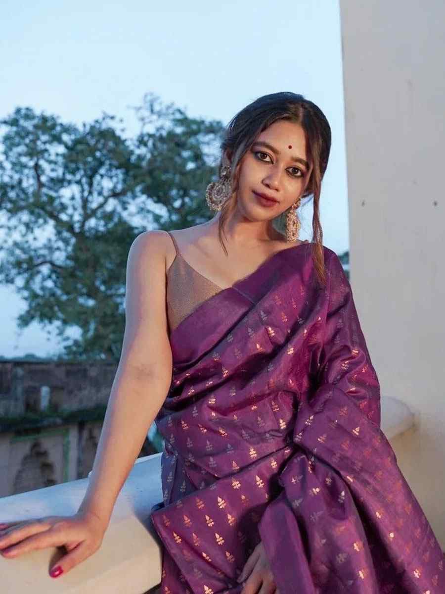 Wine Banarasi Silk Handwoven Party Festival Wedding Traditional Fancy Classic Style Sarees