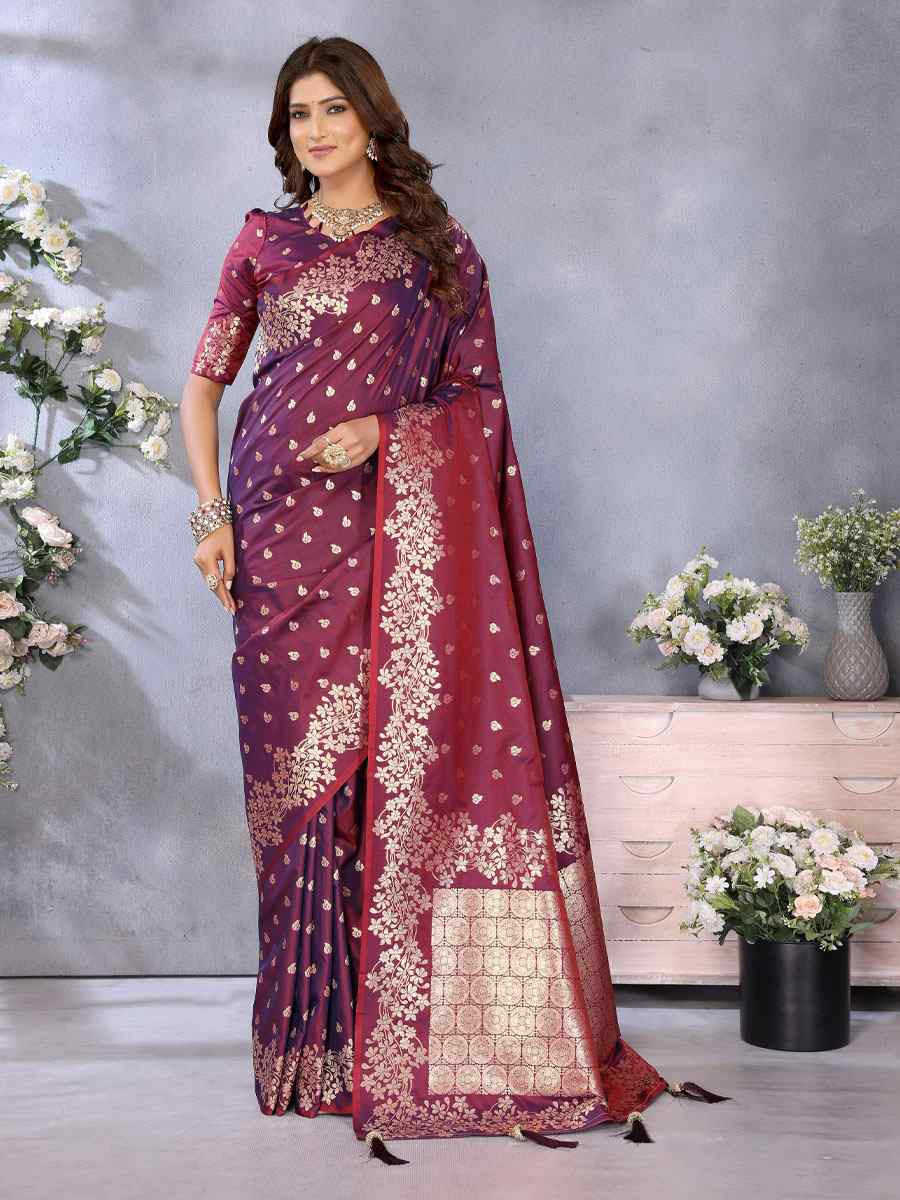 Wine Banarasi Silk Handwoven Traditional Bridal Reception Festival Wedding Fancy Heavy Border Saree