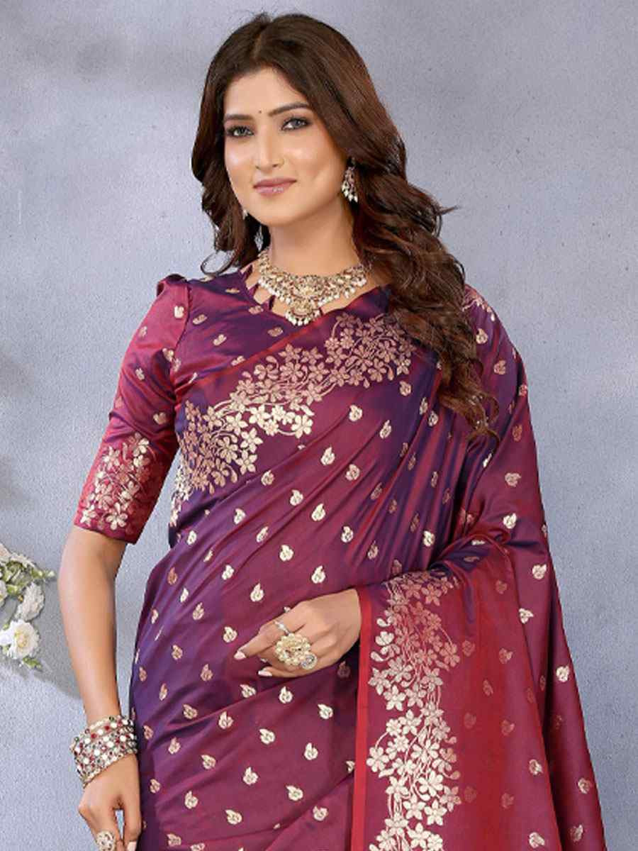 Wine Banarasi Silk Handwoven Traditional Bridal Reception Festival Wedding Fancy Heavy Border Saree