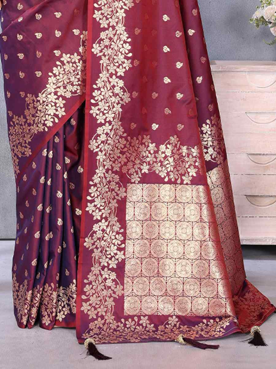 Wine Banarasi Silk Handwoven Traditional Bridal Reception Festival Wedding Fancy Heavy Border Saree