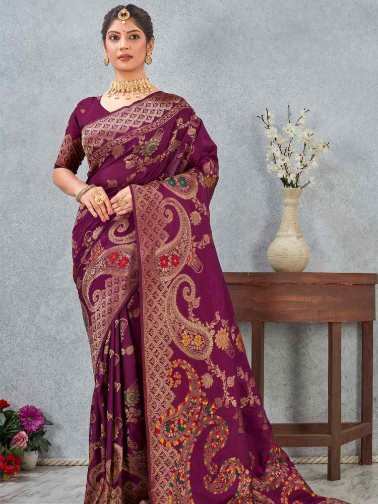 Image of Wine Banarasi Silk Handwoven Traditional Casual Reception Festival Wedding Fancy Heavy Border Saree
