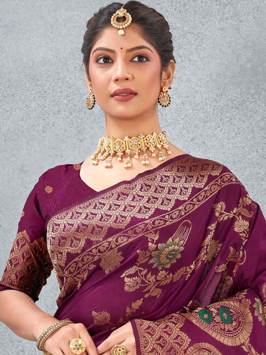 Wine Banarasi Silk Handwoven Traditional Casual Reception Festival Wedding Fancy Heavy Border Saree