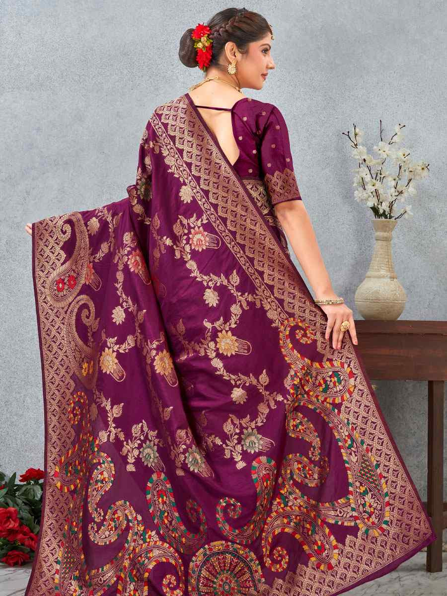 Wine Banarasi Silk Handwoven Traditional Casual Reception Festival Wedding Fancy Heavy Border Saree