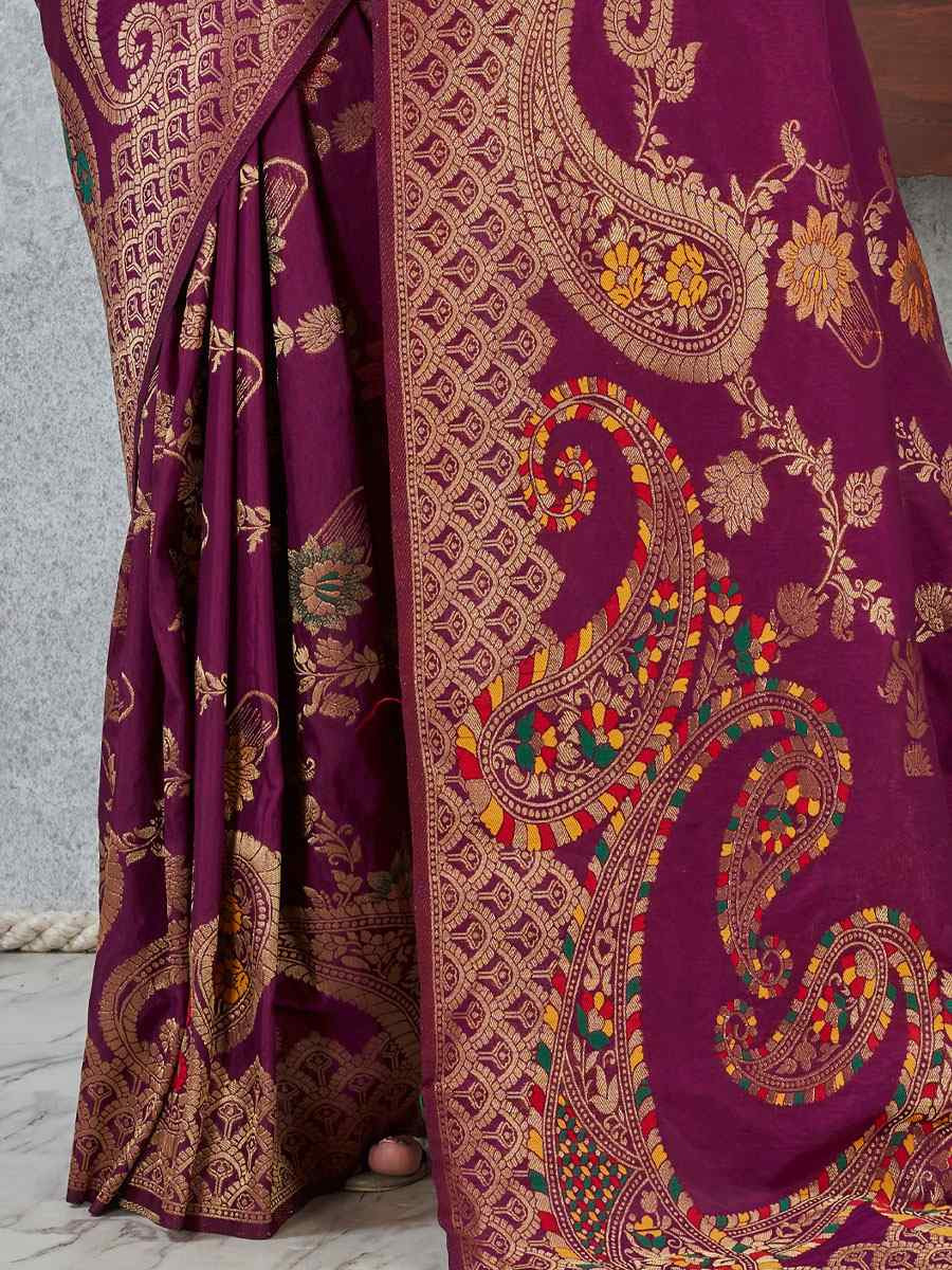 Wine Banarasi Silk Handwoven Traditional Casual Reception Festival Wedding Fancy Heavy Border Saree
