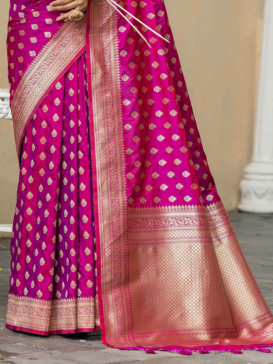 Wine Banarasi Silk Handwoven Wedding Festival Heavy Border Saree