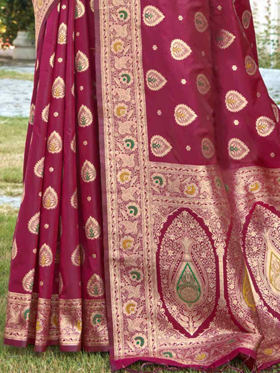 Wine Banarasi Silk Handwoven Wedding Festival Heavy Border Saree