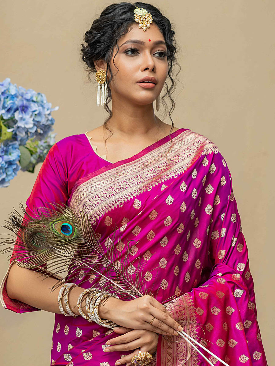 Wine Banarasi Silk Handwoven Wedding Festival Heavy Border Saree