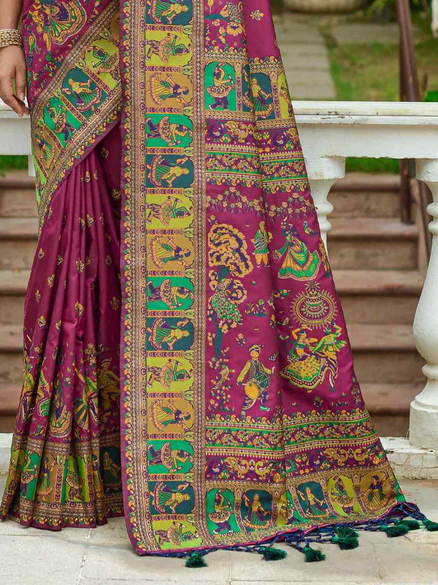Wine Banarasi Silk Handwoven Wedding Festival Heavy Border Saree
