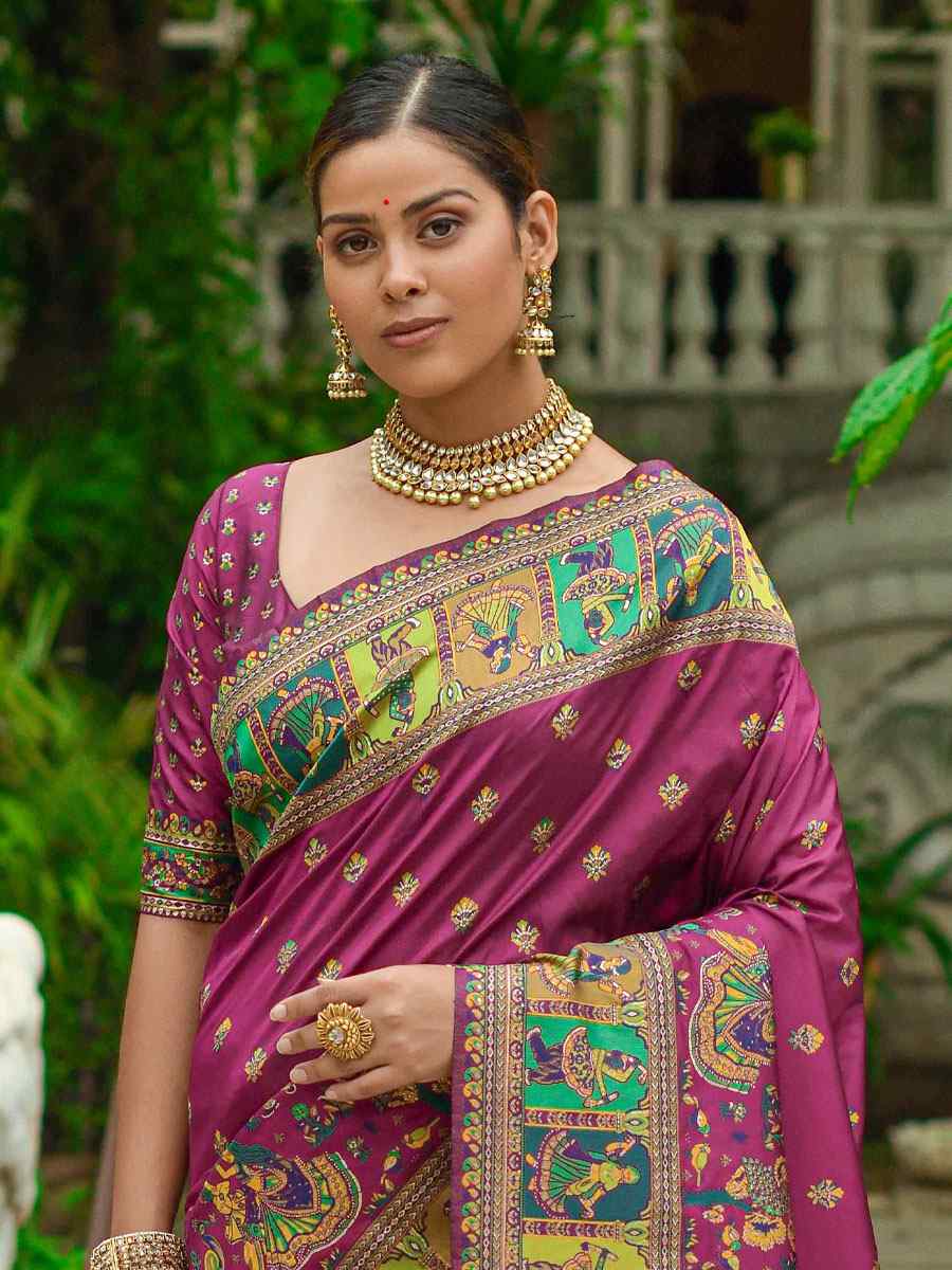 Wine Banarasi Silk Handwoven Wedding Festival Heavy Border Saree