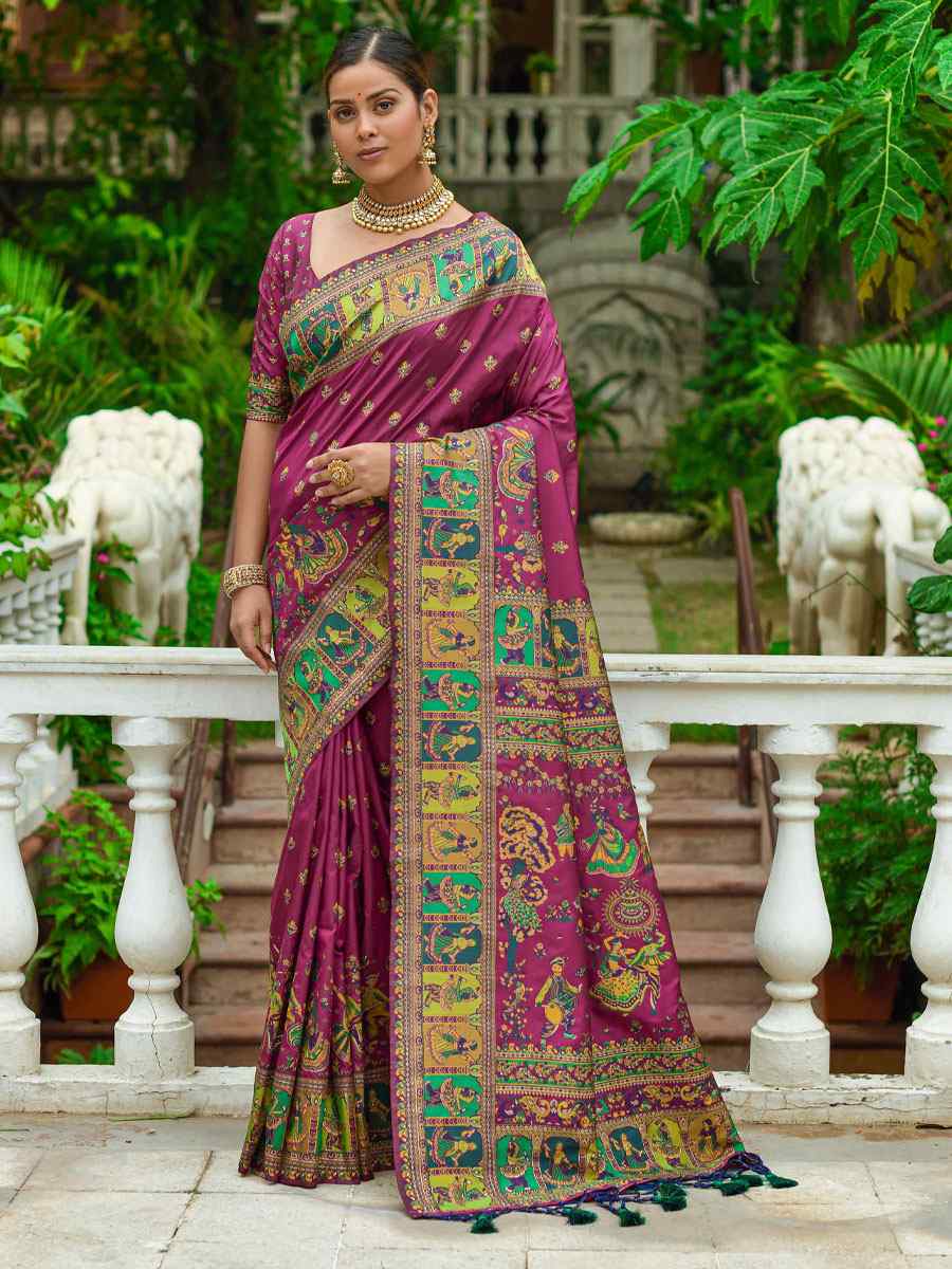 Wine Banarasi Silk Handwoven Wedding Festival Heavy Border Saree