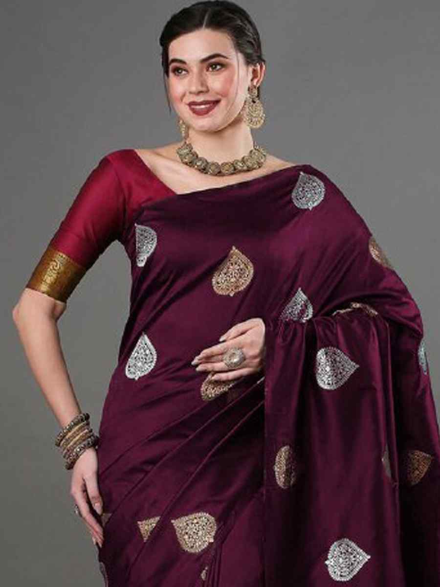 Wine Banarasi Soft Silk Handwoven Casual Festival Classic Style Saree