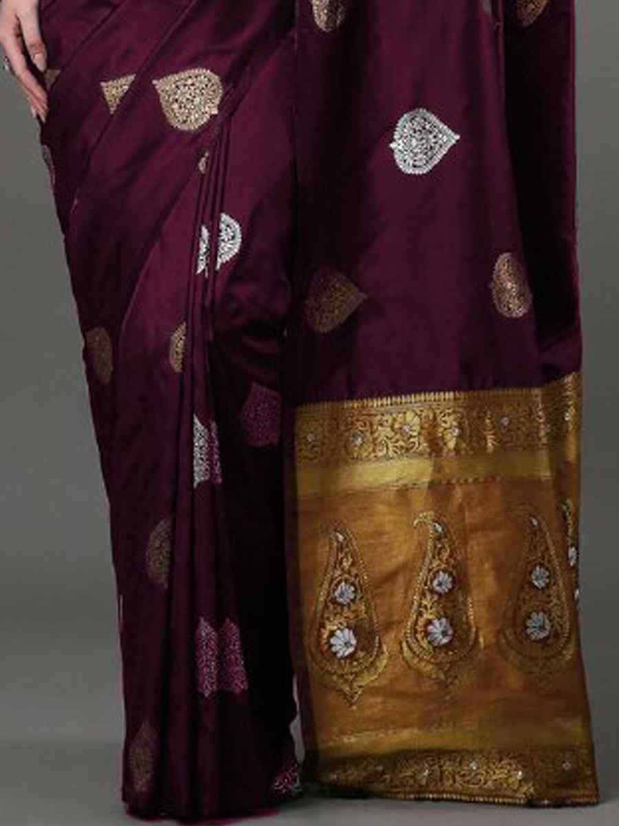 Wine Banarasi Soft Silk Handwoven Casual Festival Classic Style Saree