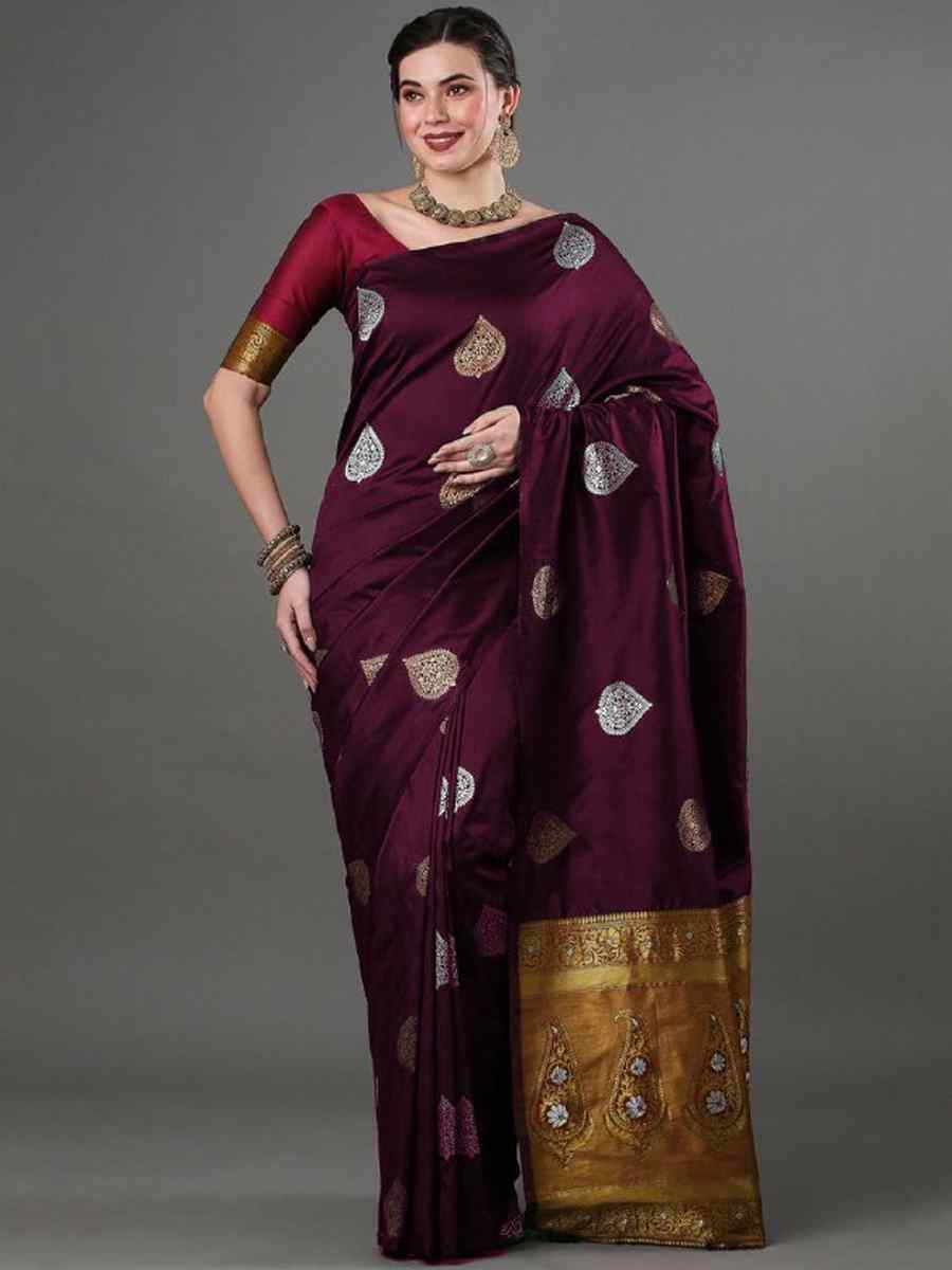 Wine Banarasi Soft Silk Handwoven Casual Festival Classic Style Saree