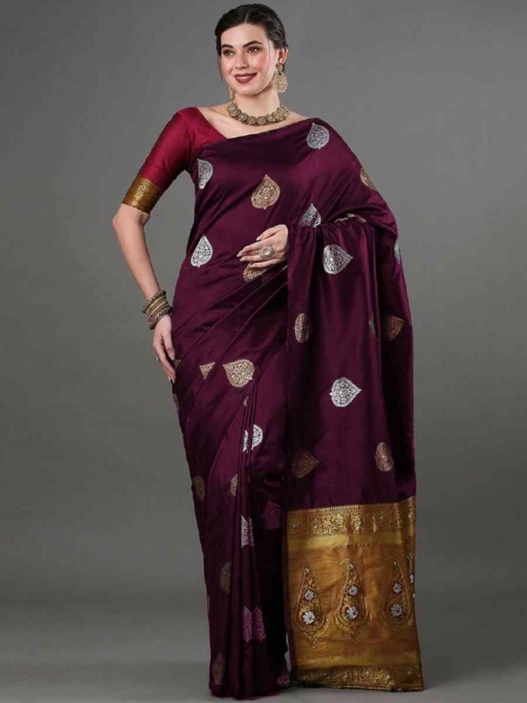 Wine Banarasi Soft Silk Handwoven Casual Festival Classic Style Saree
