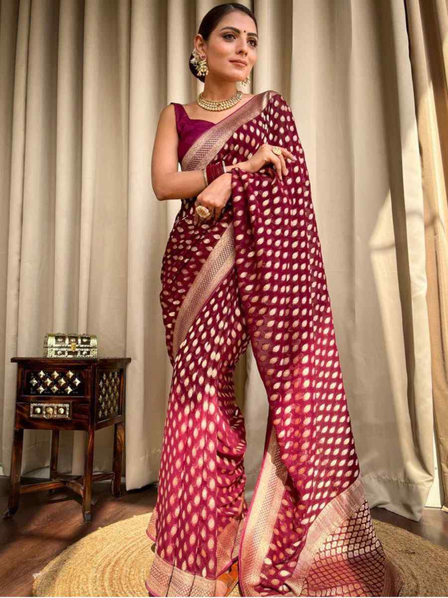 Wine Banarasi Soft Silk Handwoven Wedding Festival Heavy Border Saree