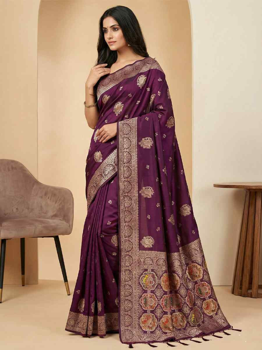 Wine Banarasi Soft Silk Zari Handwoven Casual Reception Festival Wedding Fancy Classic Style Sarees